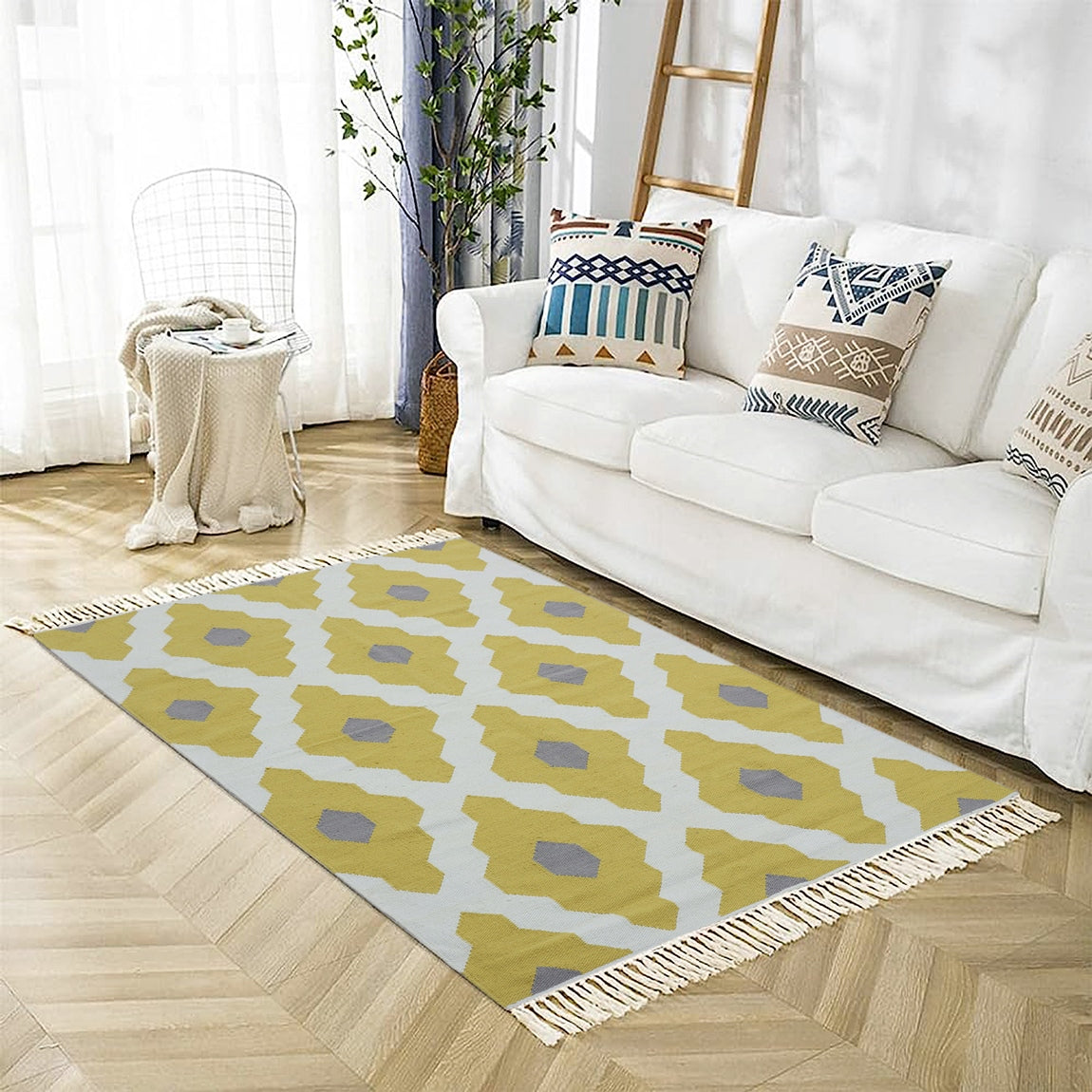 Mustard Grey and White Hand Woven Kilim - 5'x8'