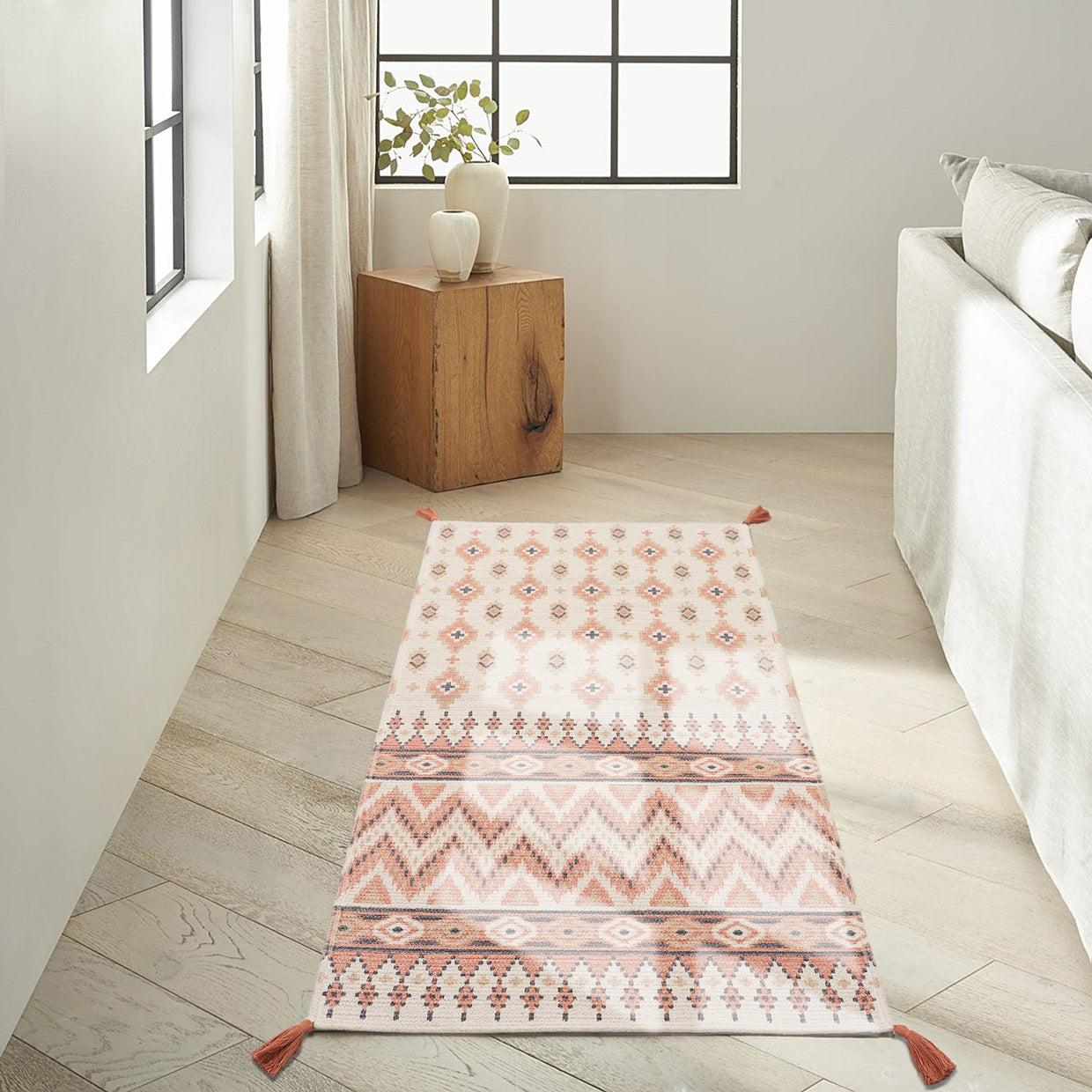 Beige and Natural Cotton Braided Dhurrie with Tassels - 2.5'x5'