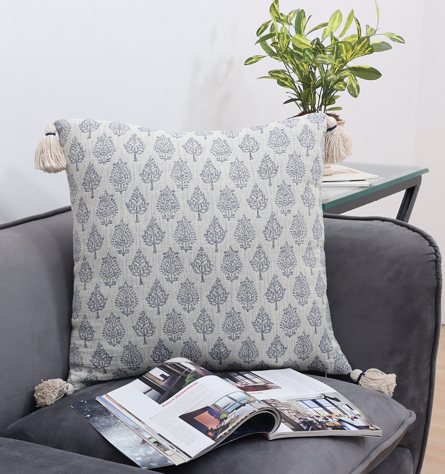 Grey Blue Cotton Jacquard Cushion Cover