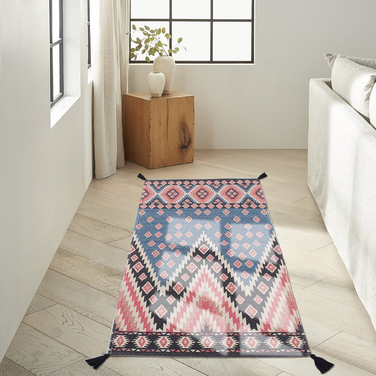 Multicolor Cotton Braided Screen Printed Dhurrie with Tassels - 2.5'x5'
