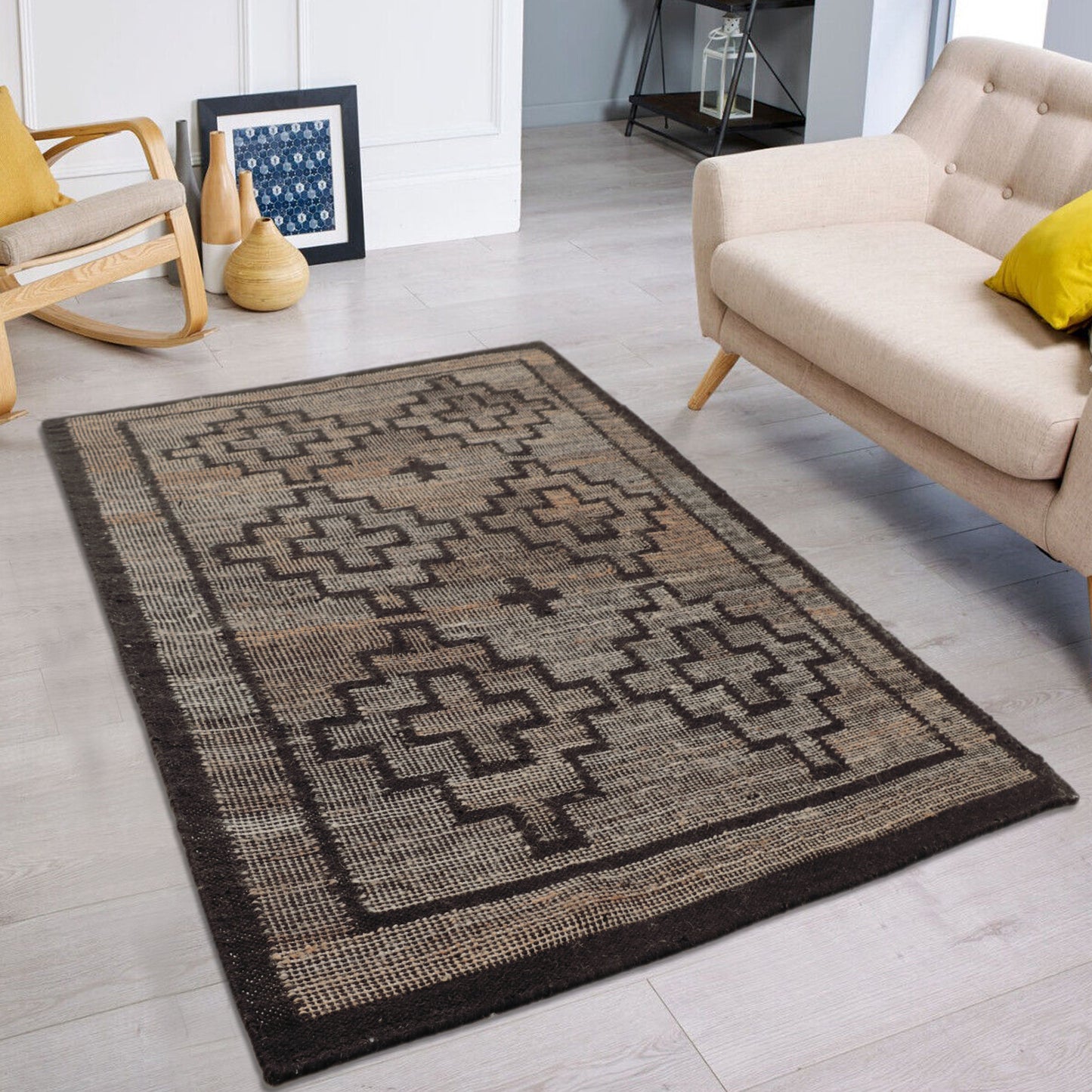 Beige and Black Hand Woven Jute Rug