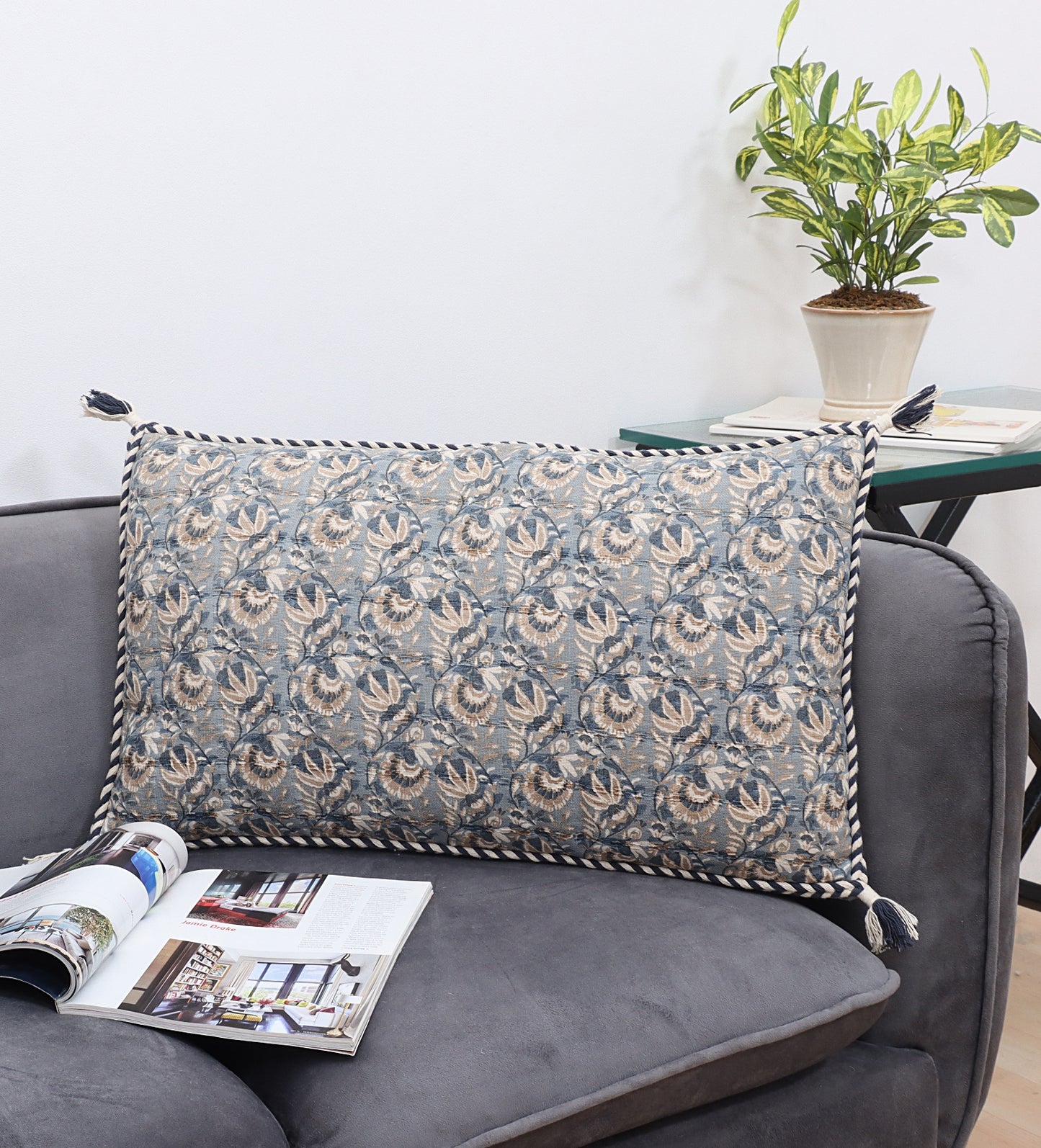 Blue and Beige Cotton Screen Printed Cushion Cover with Tassels