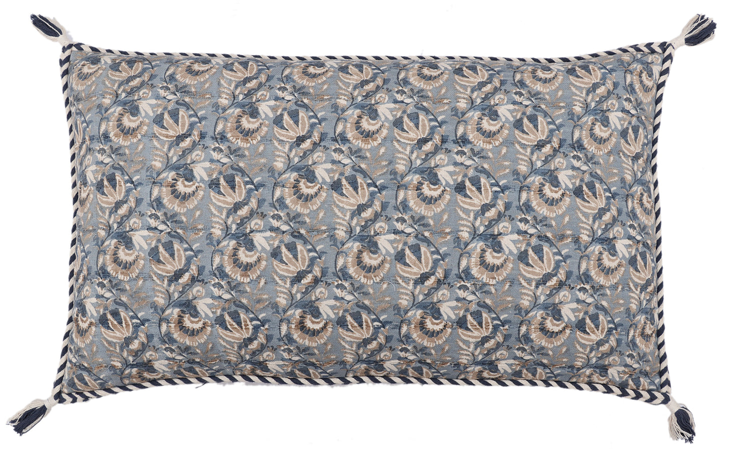 Blue and Beige Cotton Screen Printed Cushion Cover with Tassels