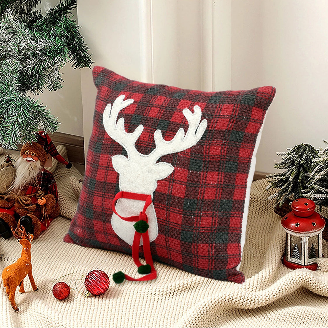 Red and Black Checkered Cotton Screen Print Cushion Cover