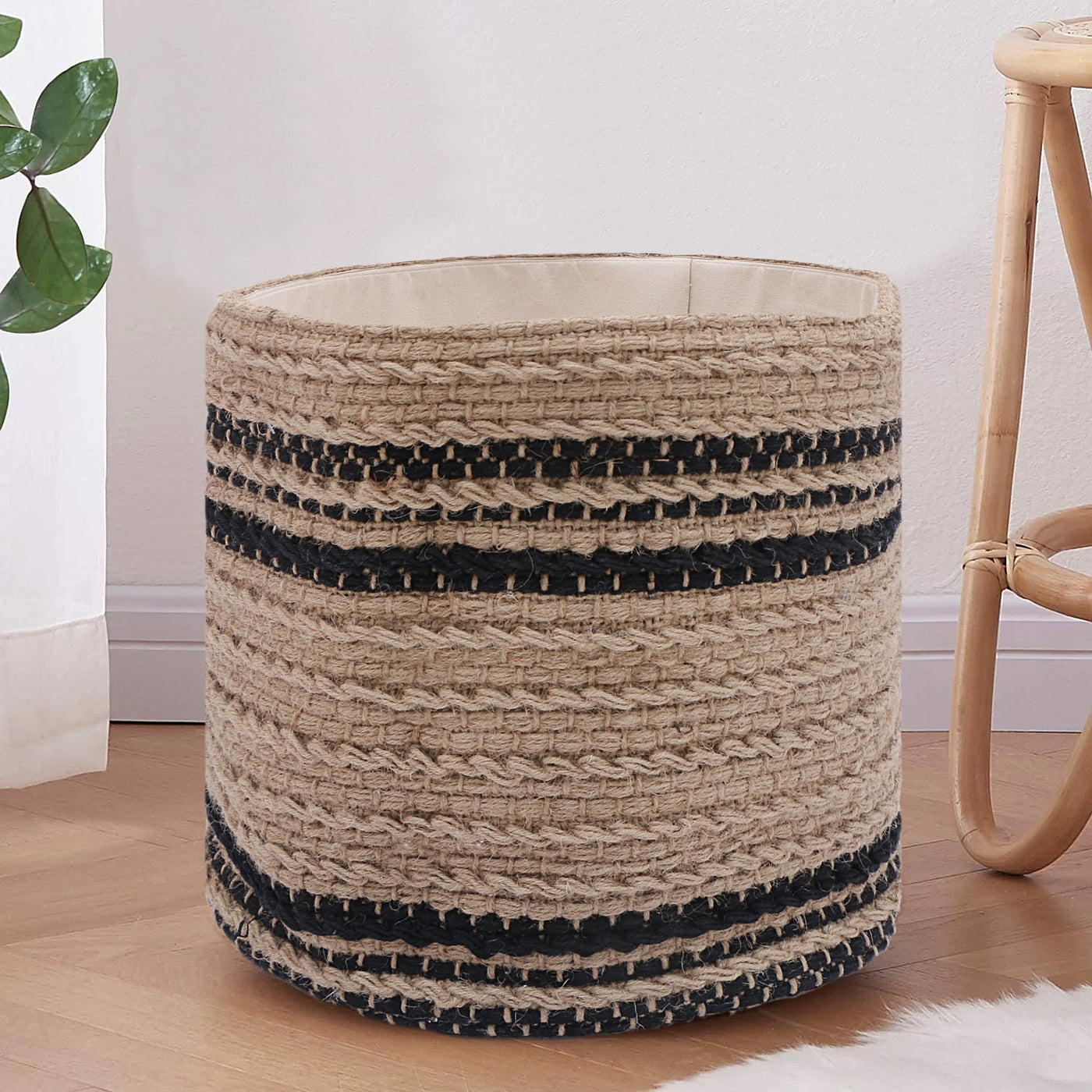 Black and Beige Hand Woven Jute Basket