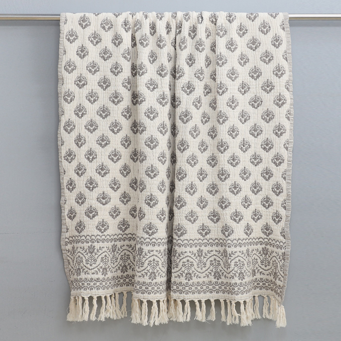 Grey and Natural Cotton Jacquard Throw