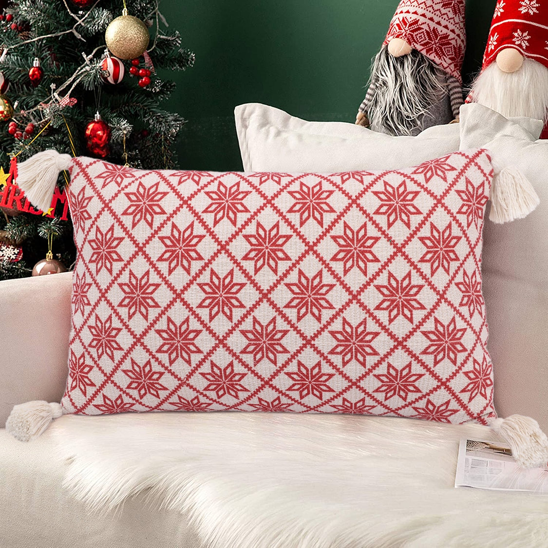 White and Red Cotton Slub Screen Print Cushion Cover