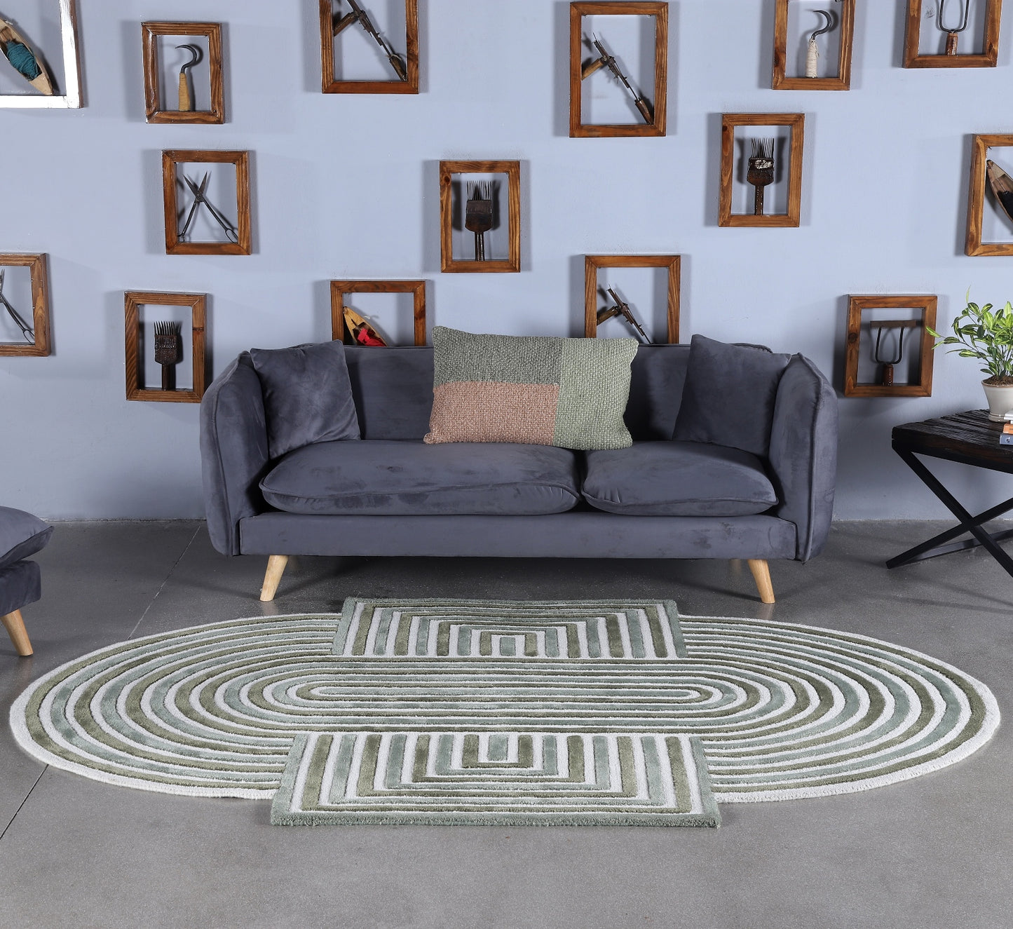 Olive and Natural Oval Hand Woven Wool Rug - 5'x8'