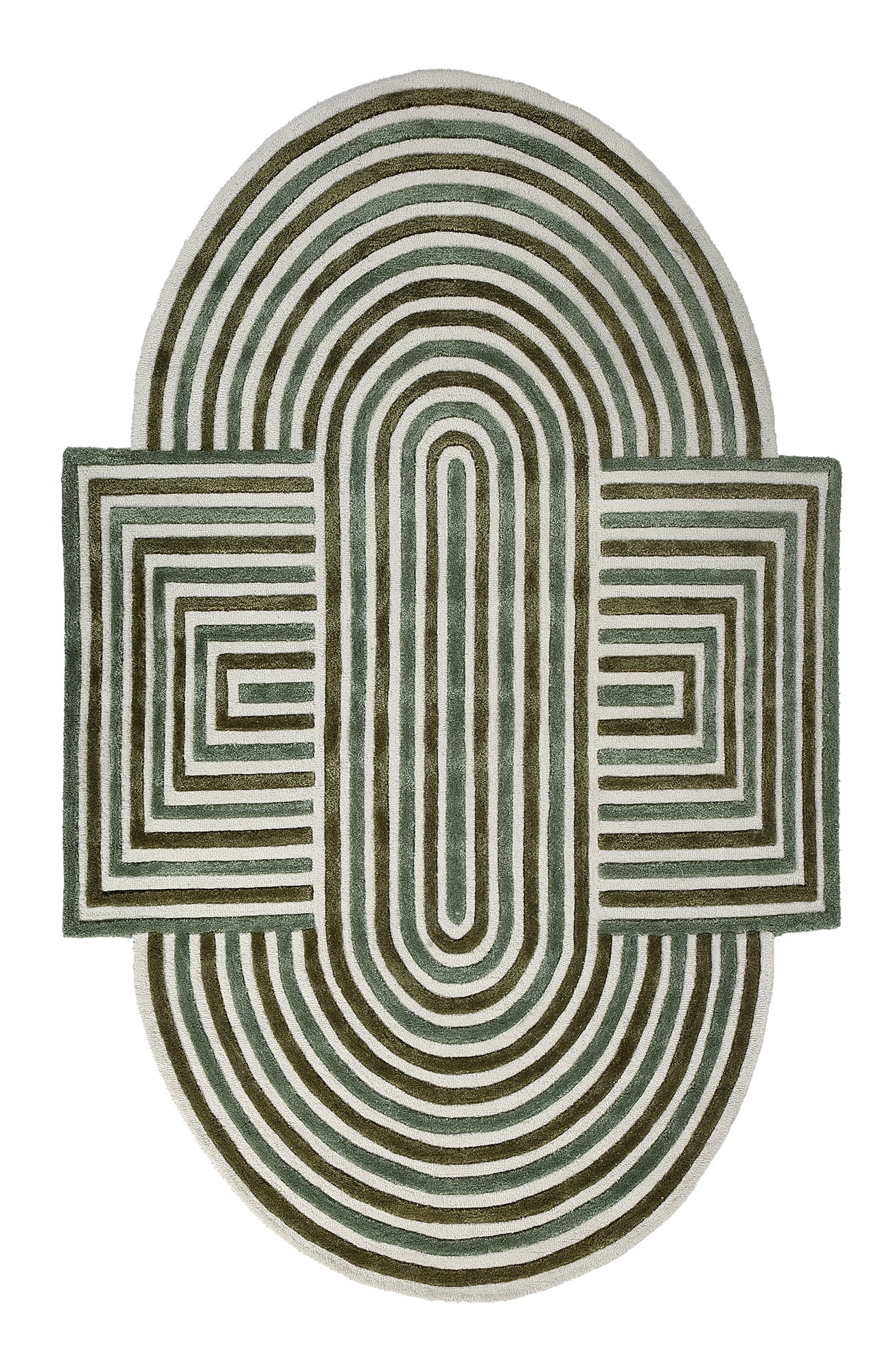 Olive and Natural Oval Hand Woven Wool Rug - 5'x8'