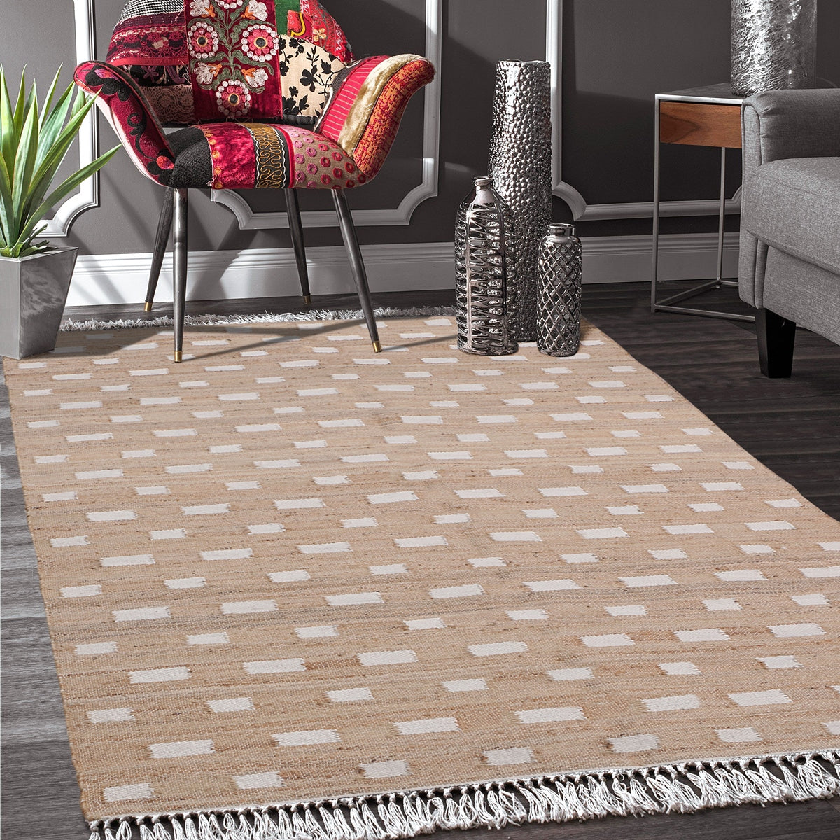 Beige White Hand Woven Jute Rug