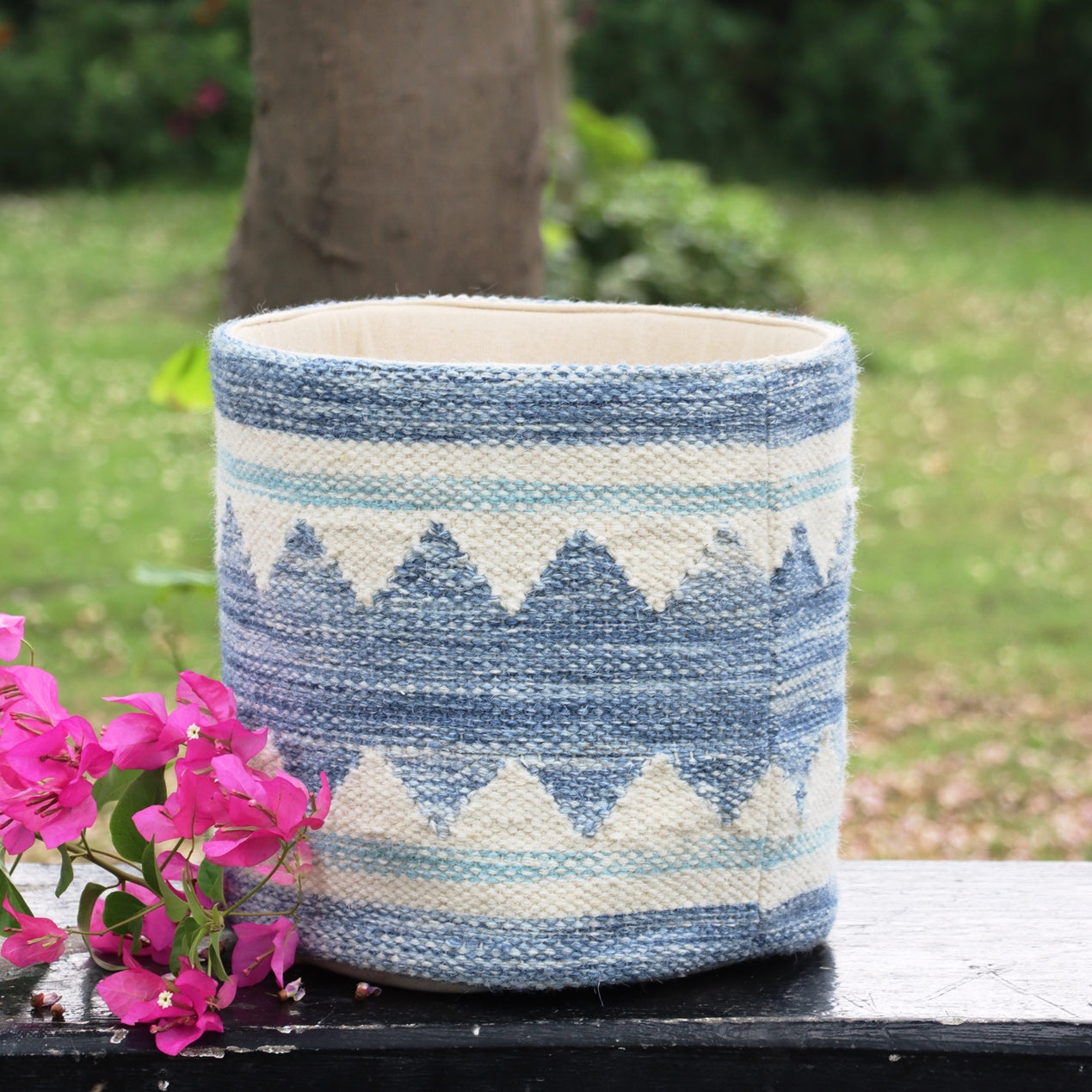 Blue and Ivory Hand Woven Kilim Basket