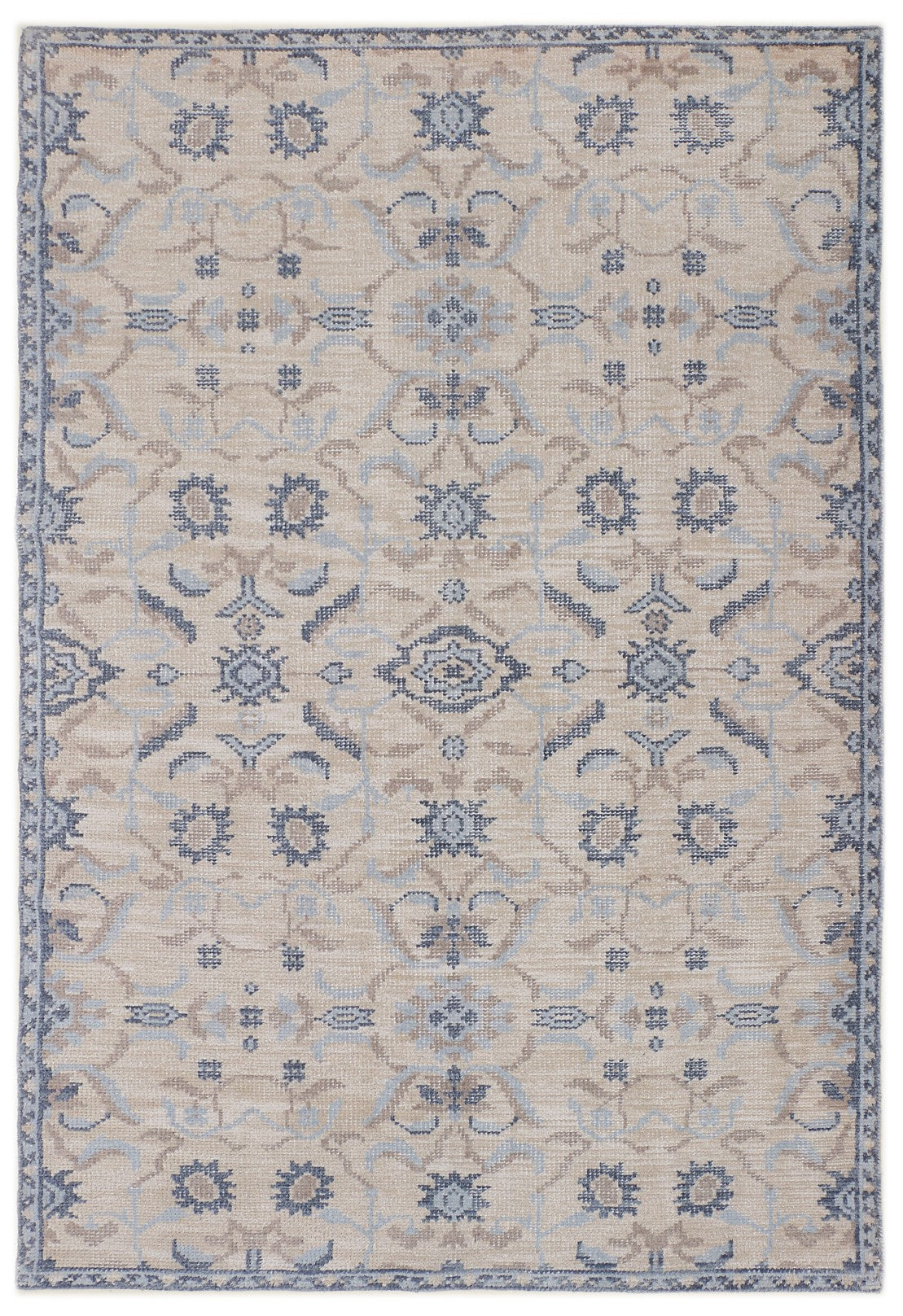 Blue Beige and Natural Hand Knotted Wool Rug - 5'x8'