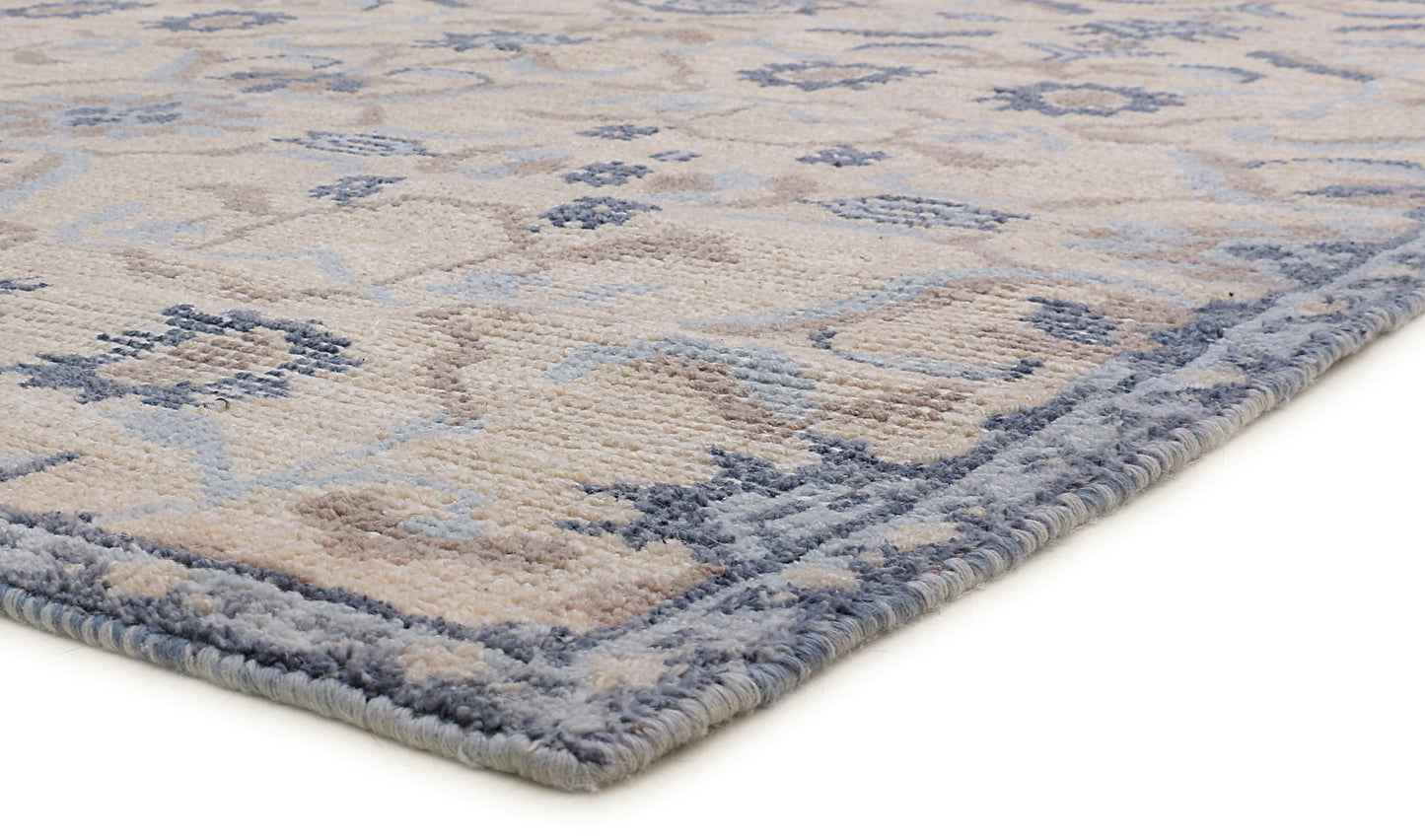 Blue Beige and Natural Hand Knotted Wool Rug - 5'x8'