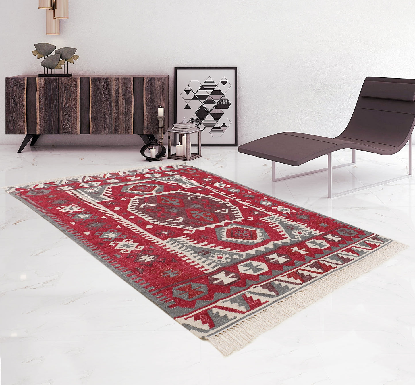 Red and Ivory Punja Kilim - 5'x8'