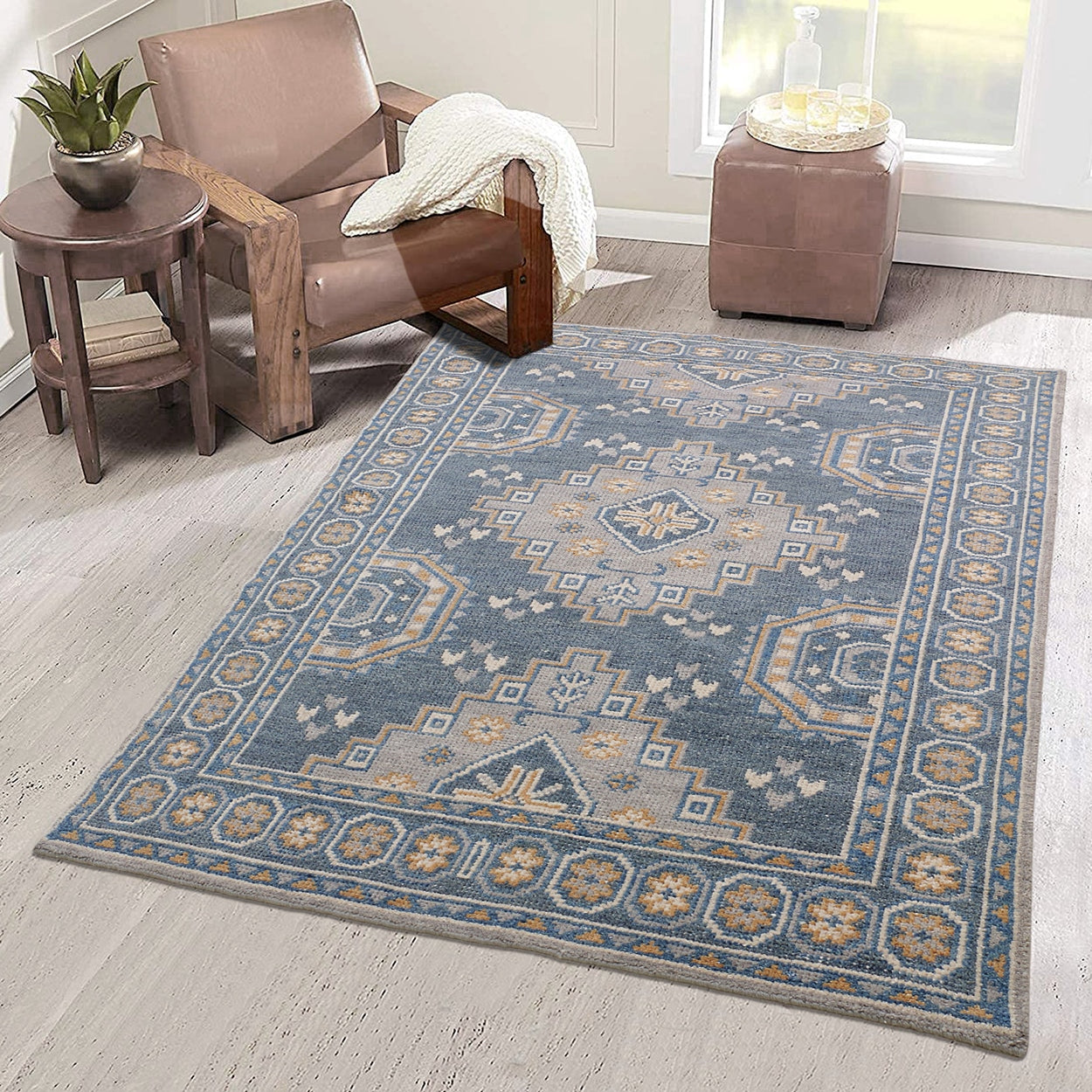 Grey and Mustard Hand Knotted Wool Rug - 5'x8'