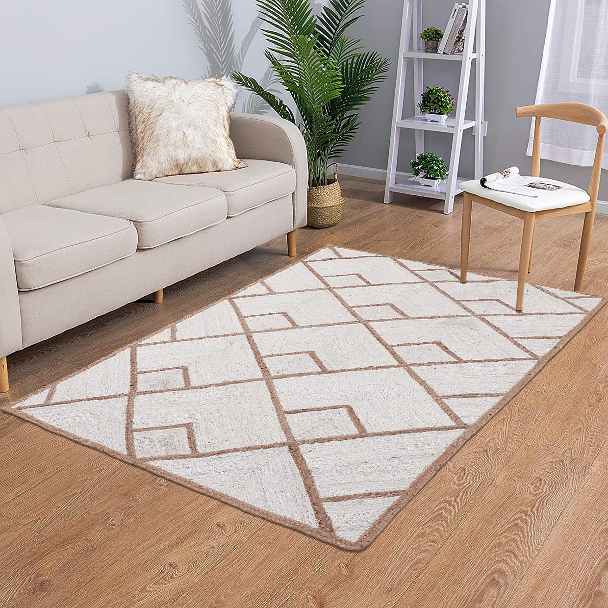 White & Natural Jute Braided Rug