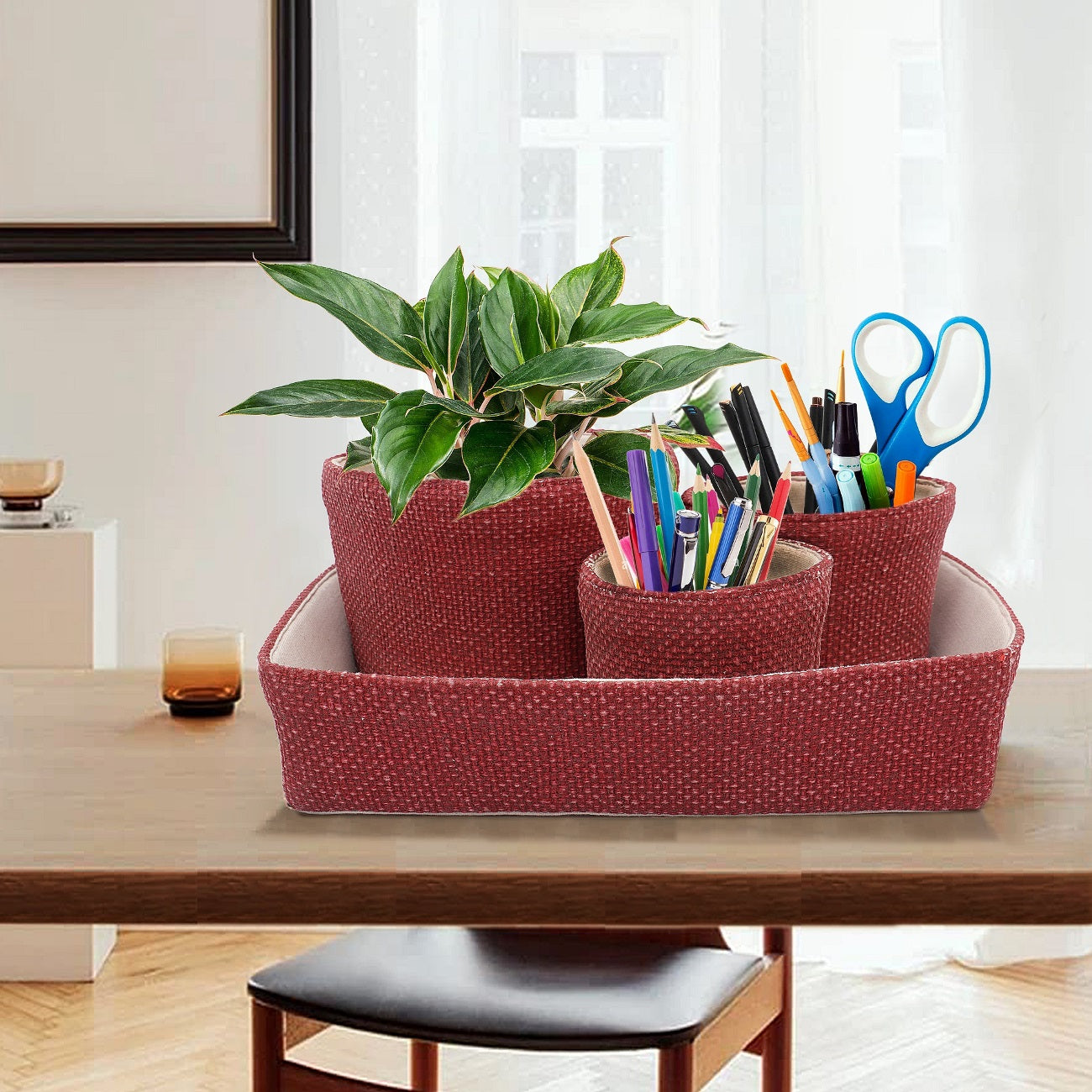 Red Hand Woven Cotton Desktop Set