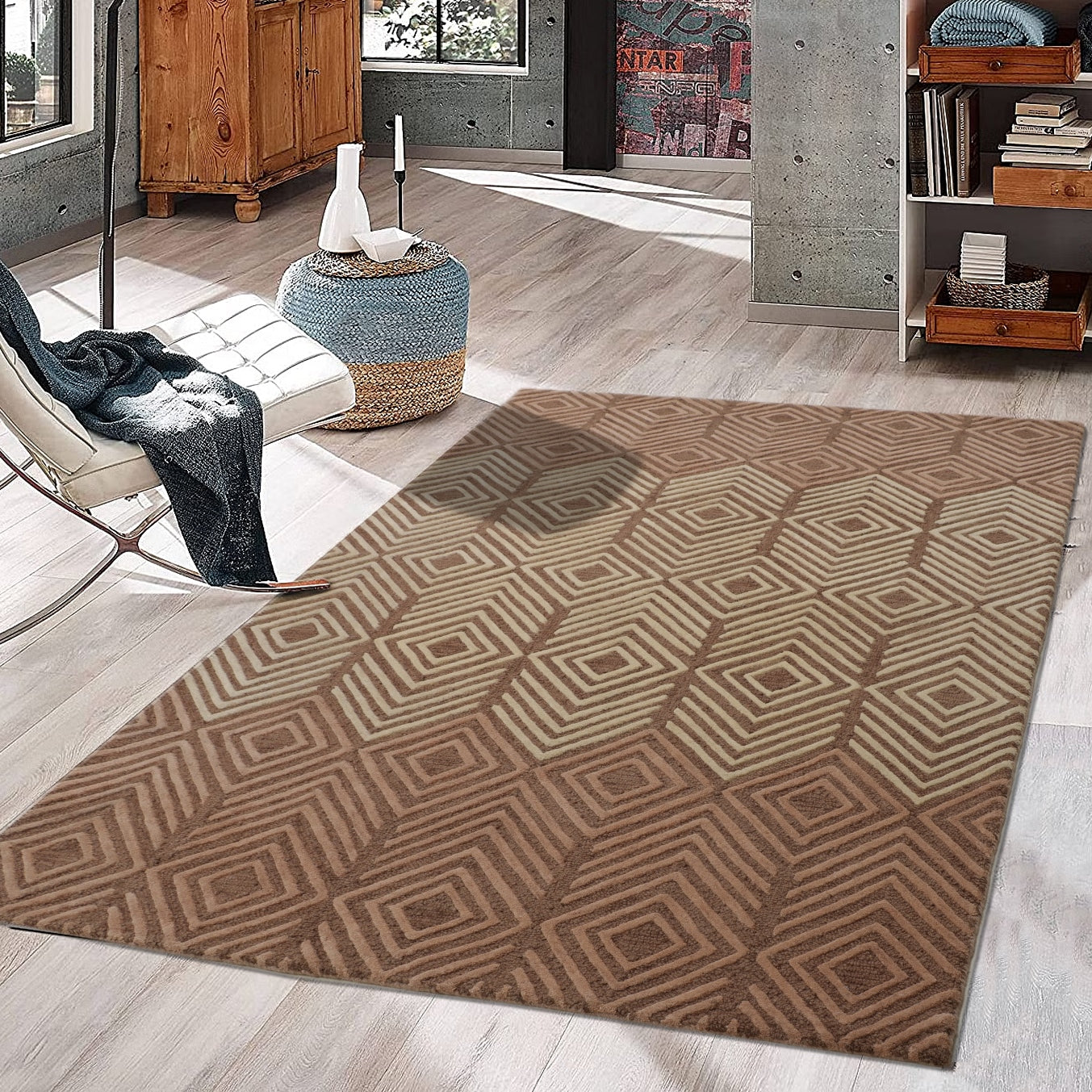 Beige and Brown Hand Tufted Wool Rug - 5'x8'