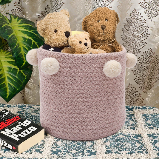 Pink Cotton Braided Basket with Pom Poms