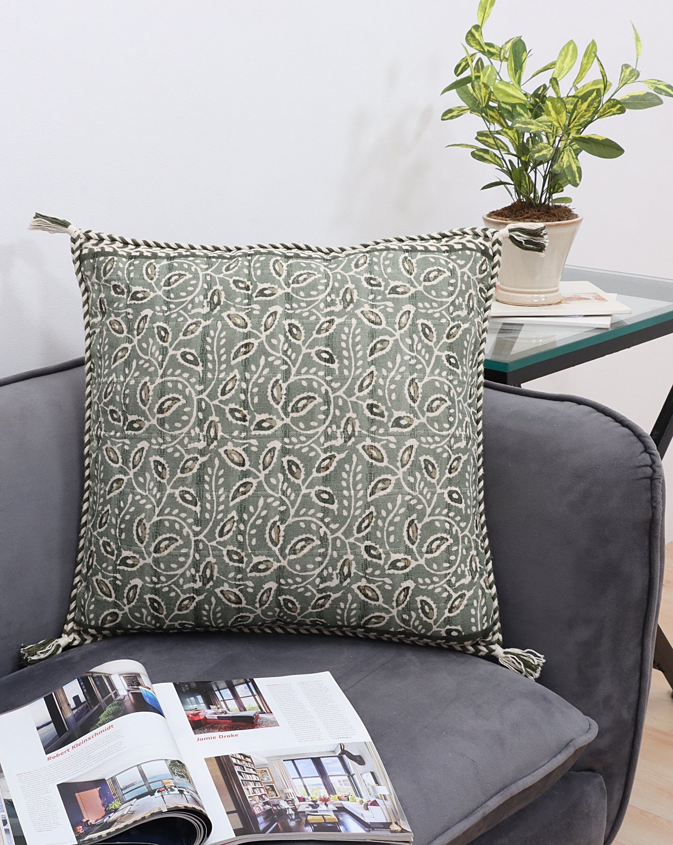 Olive and Natural Cotton Screen Printed Cushion Cover