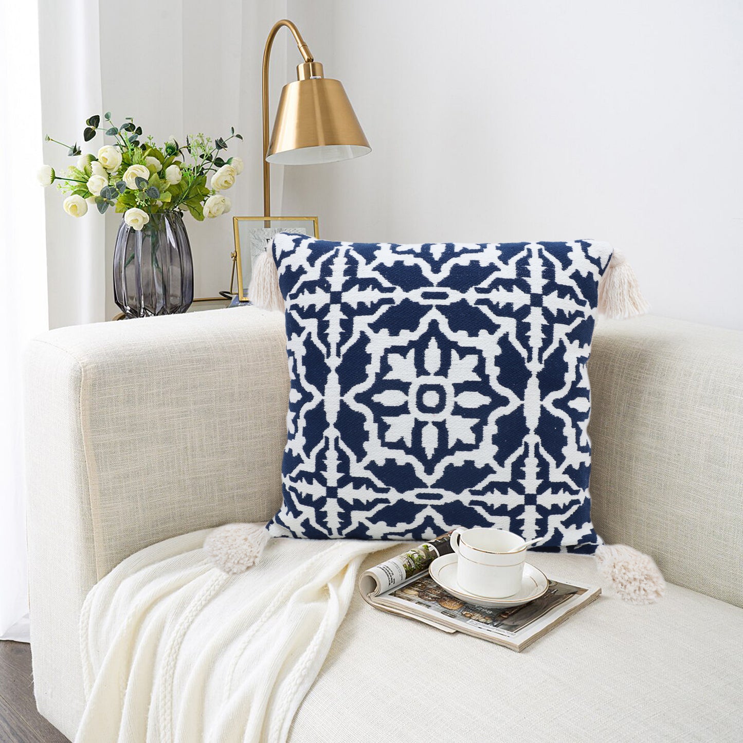 Blue Polyester/Cotton Jacquard Cushion Cover With Tassels