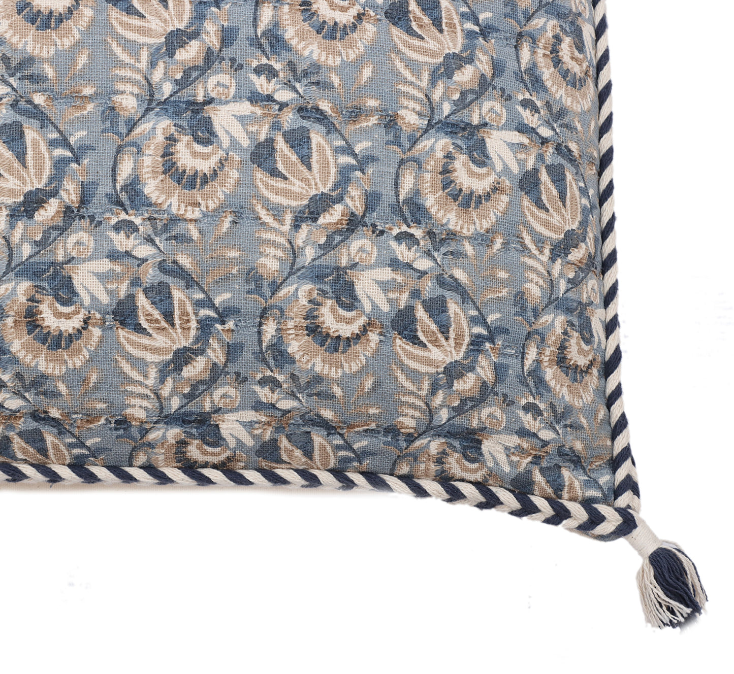 Blue and Beige Cotton Screen Printed Cushion Cover with Tassels