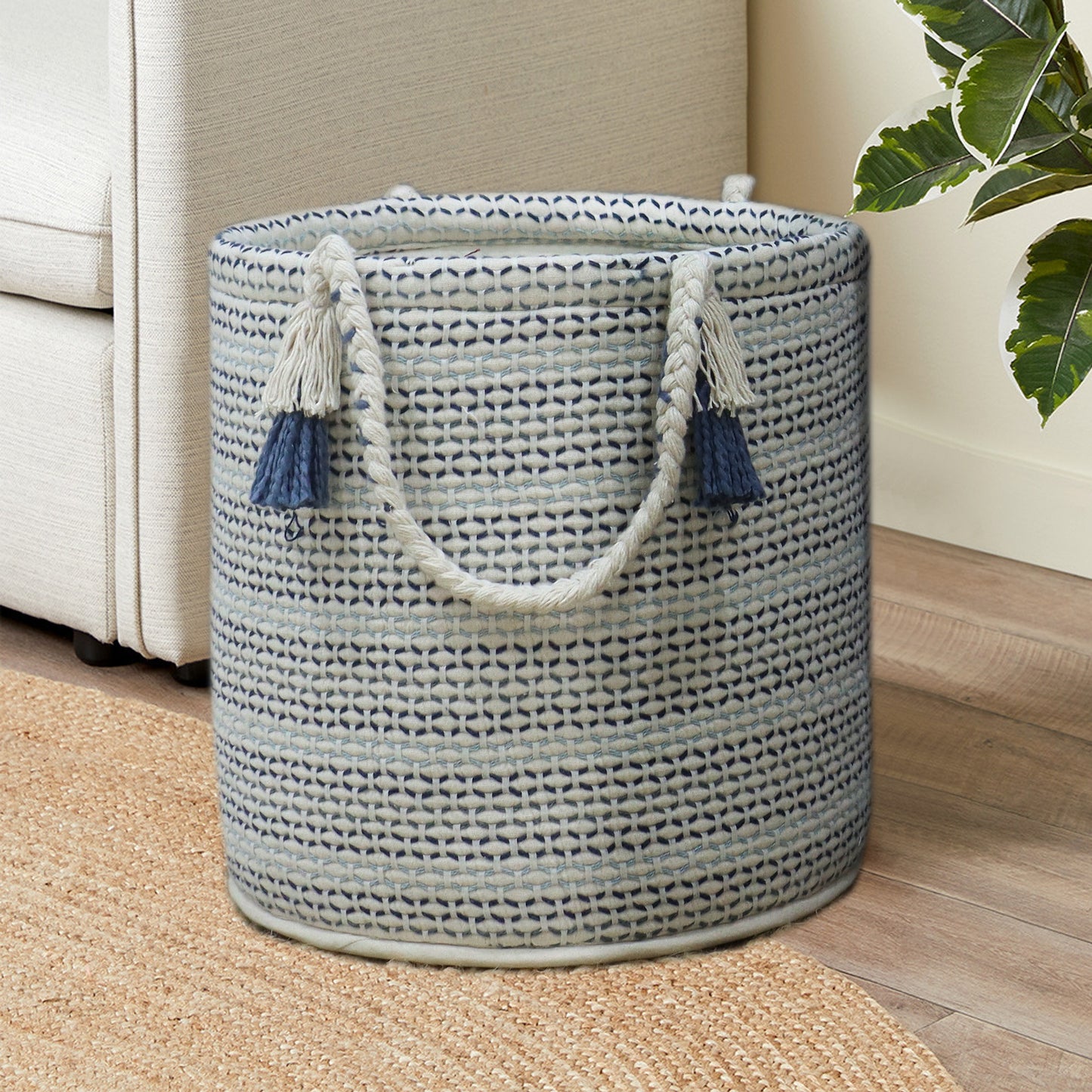 Blue and White Cotton Woven Basket