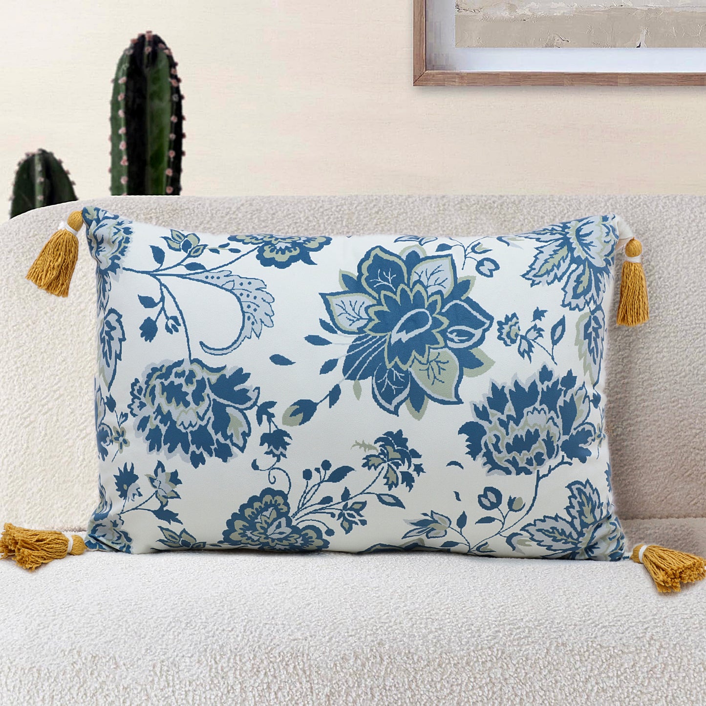 White and Blue Polyester Digital Printed Cushion Cover With Tassels