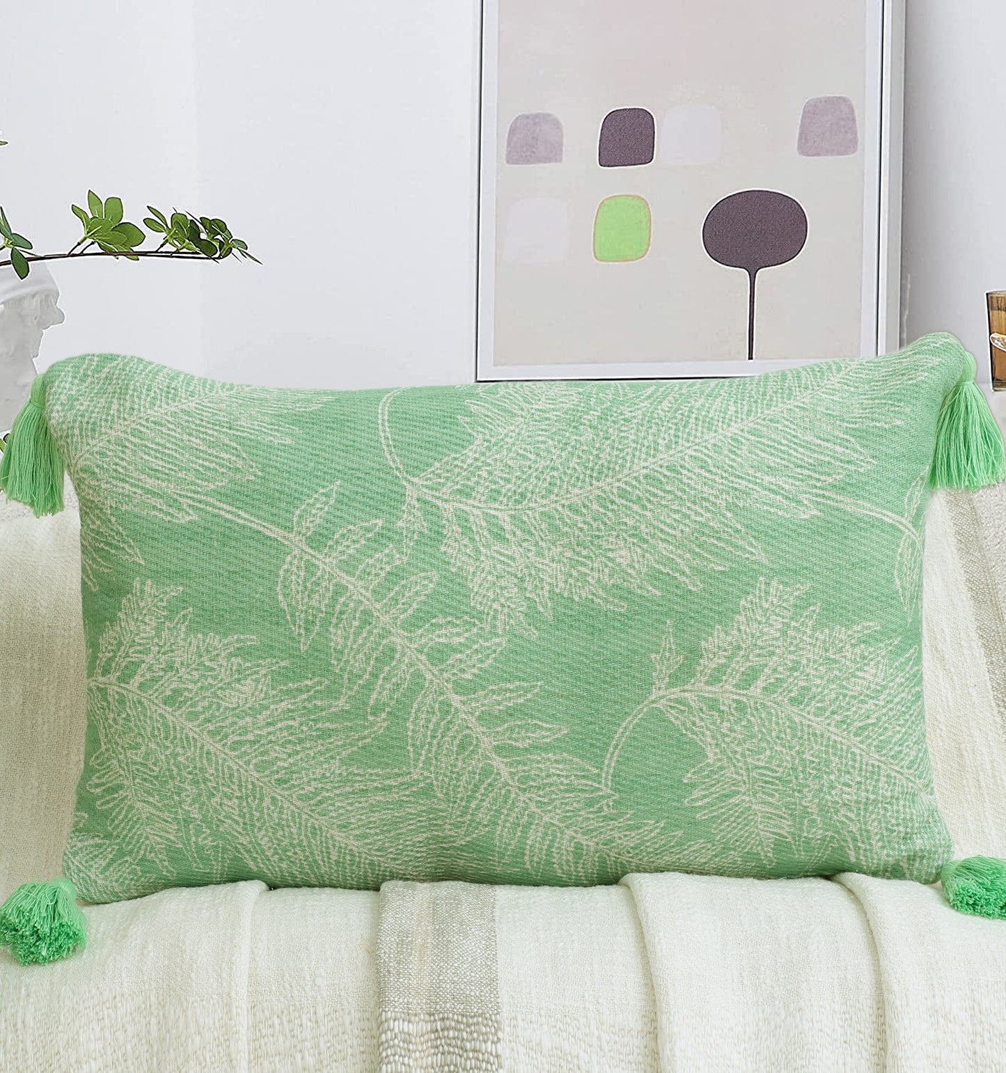 Mint Polyester Printed Cushion Cover With Tassels