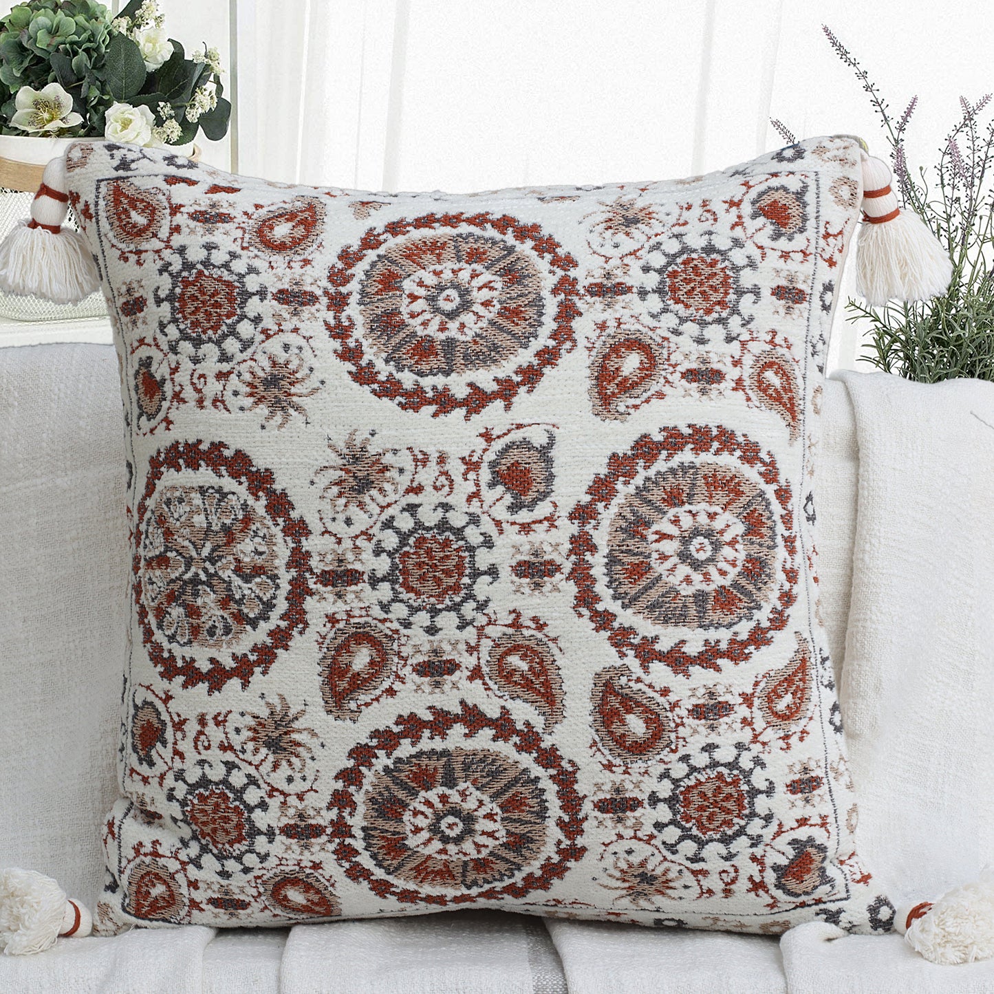White Jacquard Cushion Cover With Tassels