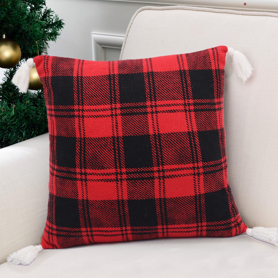Red and Black Checkered Cotton Cushion Cover