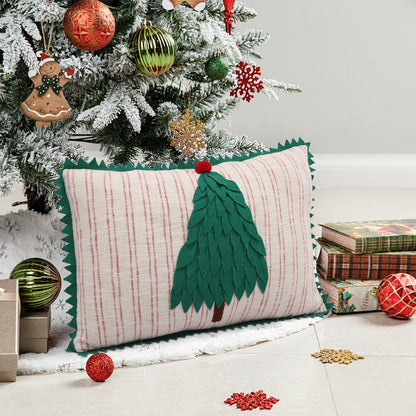 Beige and Green X-mas Tree Cotton Slub Cushion Cover