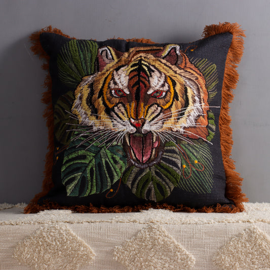 Tiger Print Cushion Cover With Fringe