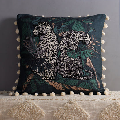 Black Leopard Print Cushion Cover with Poms