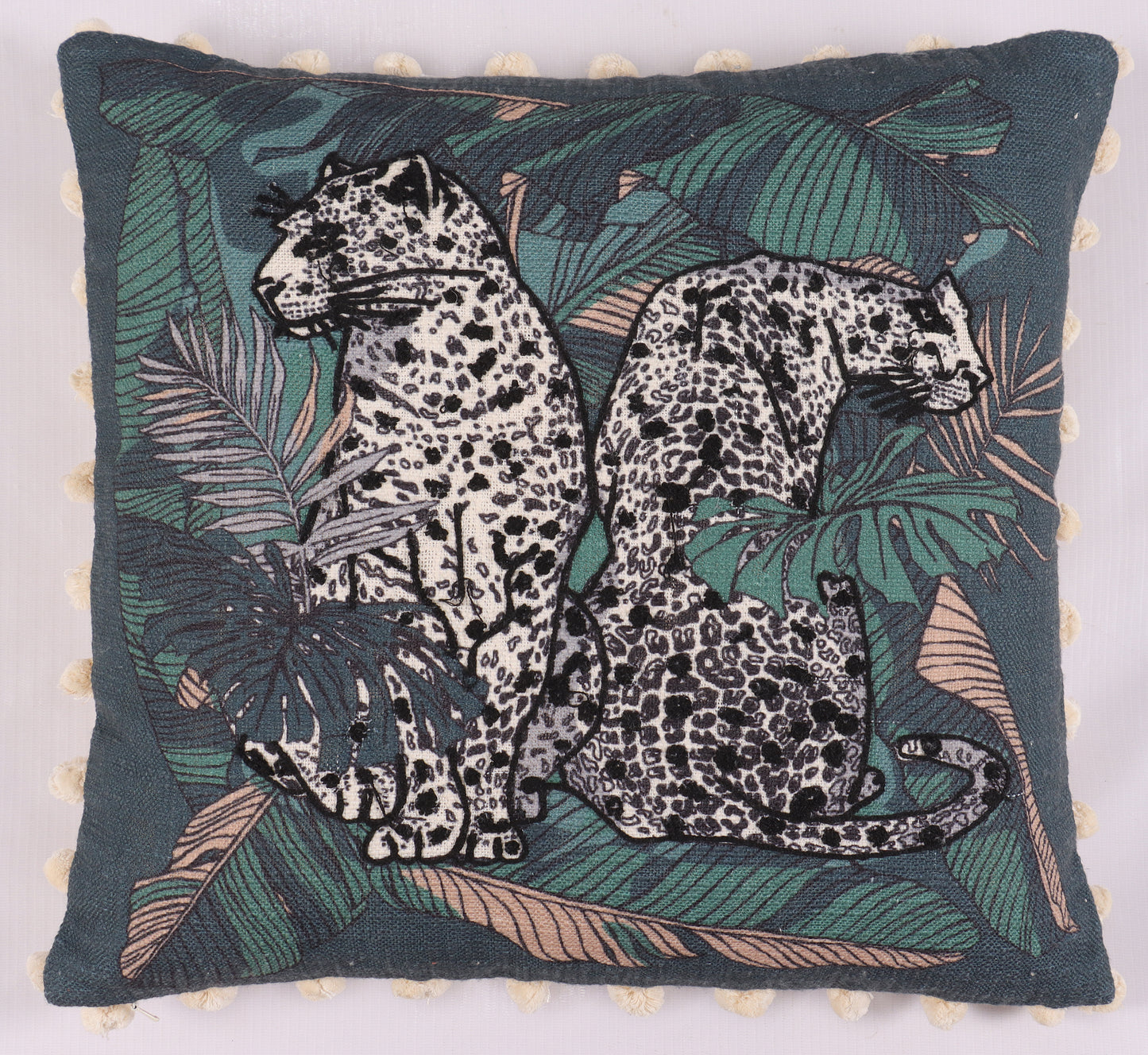 Black Leopard Print Cushion Cover with Poms