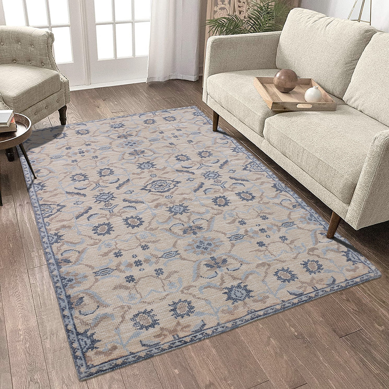 Blue Beige and Natural Hand Knotted Wool Rug - 5'x8'
