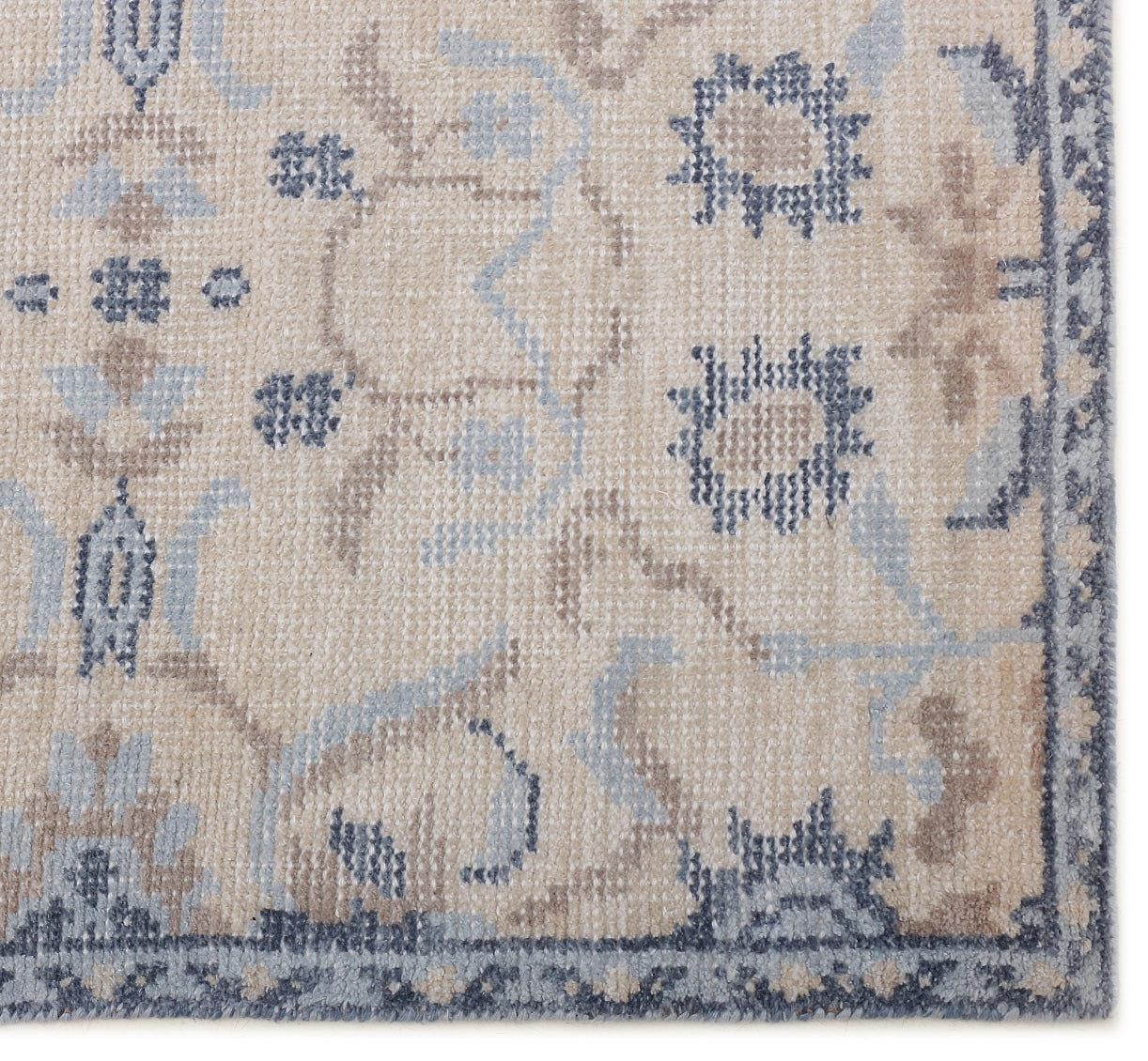 Blue Beige and Natural Hand Knotted Wool Rug - 5'x8'