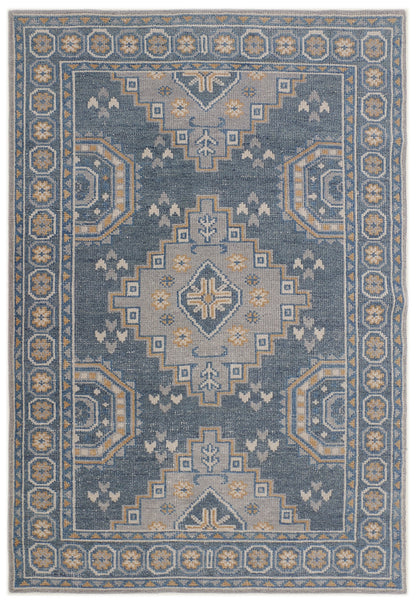 Grey and Mustard Hand Knotted Wool Rug - 5'x8'