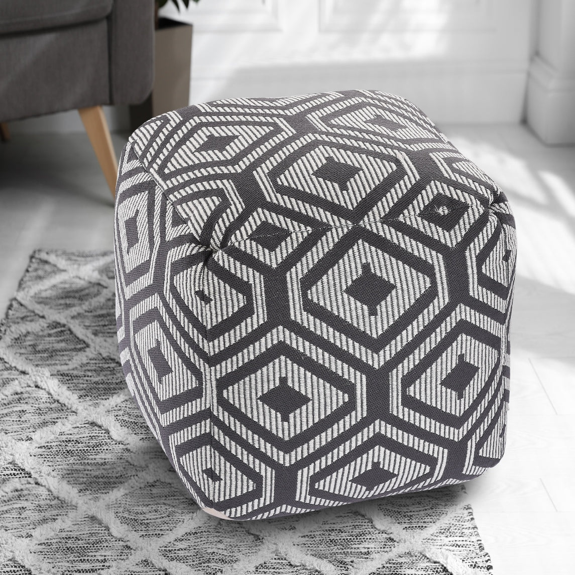Grey & White Knitted Pouf
