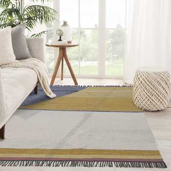 Chrome/Ivory and Blue Hand Woven Rug - 5'x8'